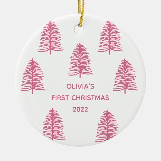 Personalised Pink Babies First Christmas Tree Ceramic Ornament (Front)