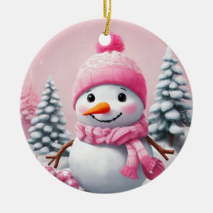 Personalised Pink Baby Christmas Snowman Ceramic Ornament