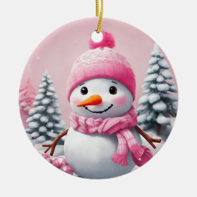 Personalised Pink Baby Christmas Snowman Ceramic Ornament (Front)