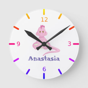 Personalised Pink Baby Dinosaur Round Clock