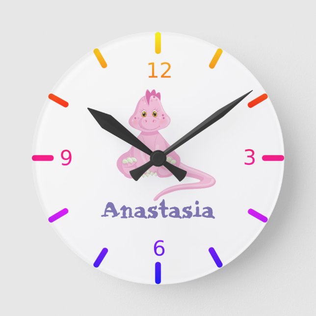 Personalised Pink Baby Dinosaur Round Clock (Front)