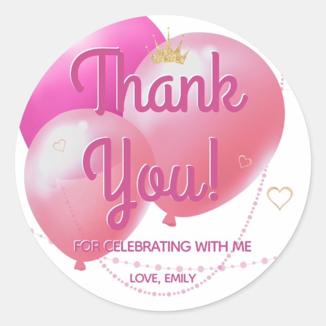 Personalised Pink Balloon Thank You Classic Round Sticker (Front)