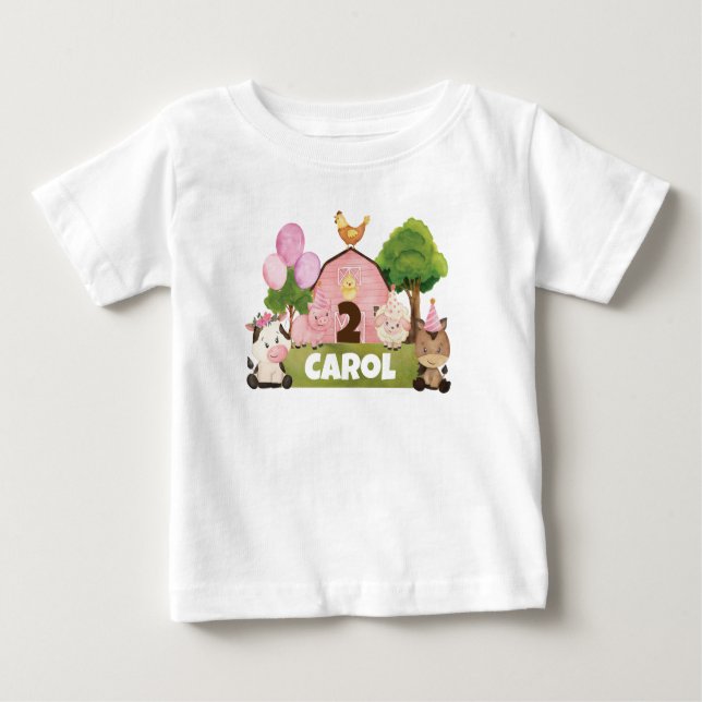 Personalised Pink Barnyard Birthday Baby T-Shirt (Front)