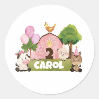 Personalised Pink Barnyard Birthday Classic Round Sticker