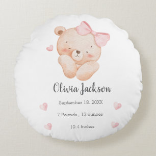 Personalised Pink bear for Baby Girl  Round Cushion