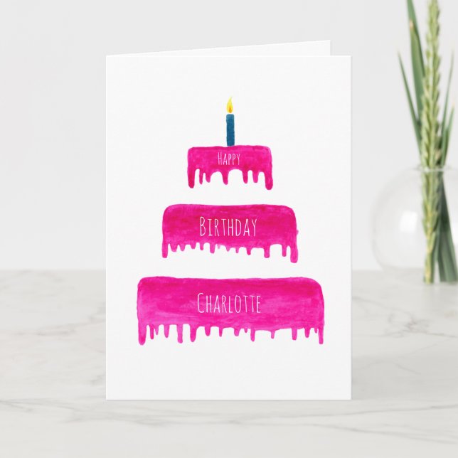 Personalised pink birthday cake card (Front)