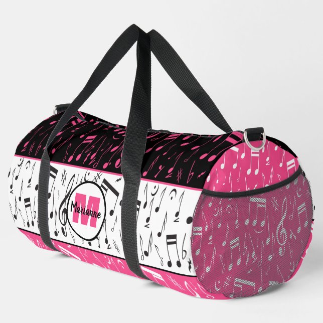 Personalised pink, black and white music design duffle bag (Right Corner)