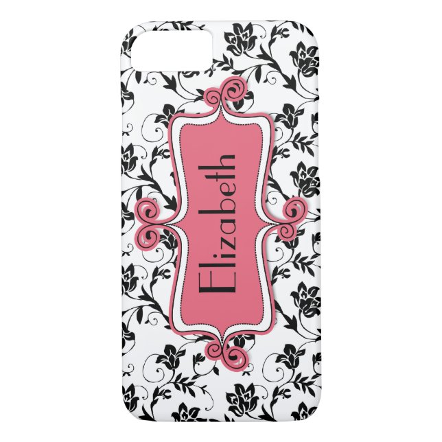 Personalised Pink Black Damask Case-Mate iPhone Case (Back)