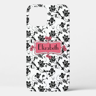Personalised Pink Black Damask iPhone 12 Case