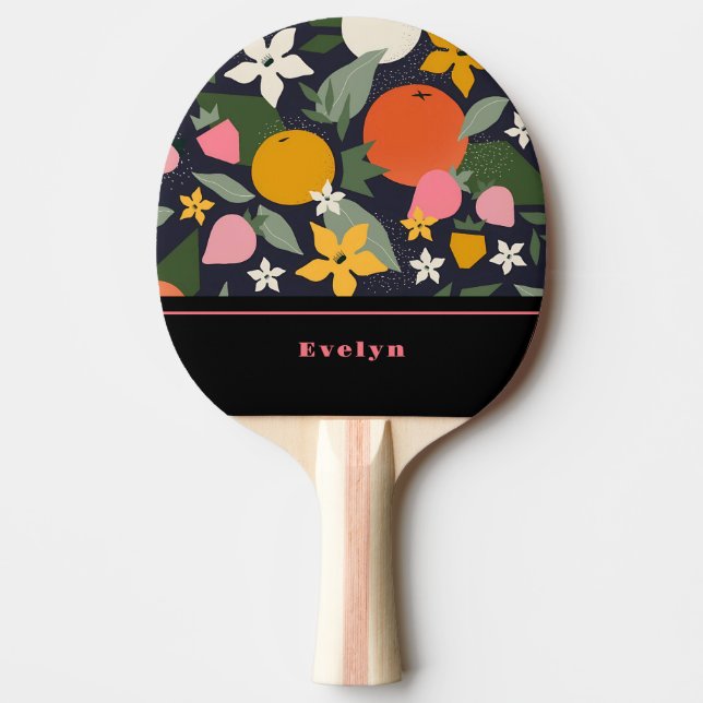 Personalised Pink Black Girly Flowers Fruits Ping Pong Paddle (Front)