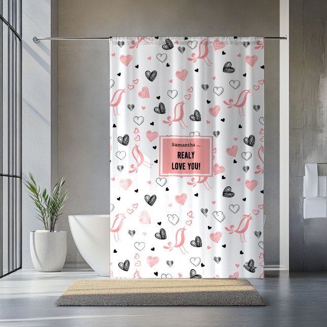 Personalised Pink Black Hearts Romantic Valentine  Shower Curtain (Personalized Pink Black Hearts Romantic Valentine Curtain)