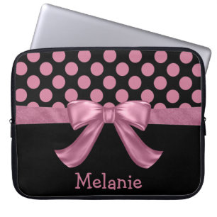 Personalised Pink Black Polka Dot Ribbon Bow Laptop Sleeve