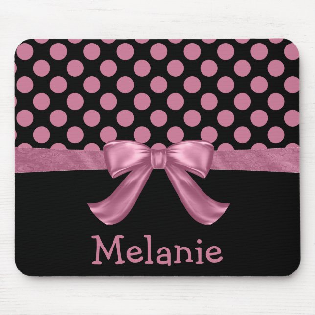 Personalised Pink Black Polka Dot Ribbon Bow Mouse Pad (Front)