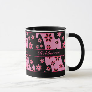Personalised pink black red floral pattern mug