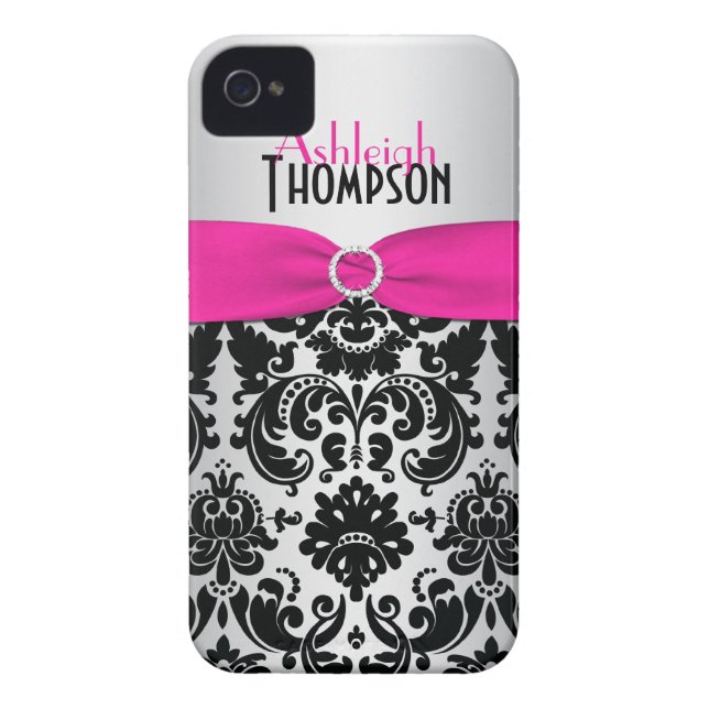 Personalised Pink, Black, Silver Damask Case-Mate iPhone Case (Back)