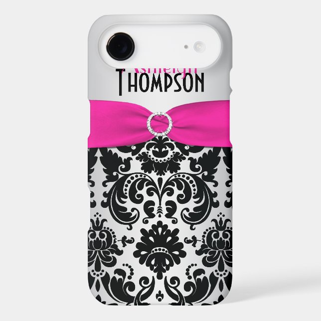 Personalised Pink, Black, Silver Damask Case-Mate iPhone Case (Back)
