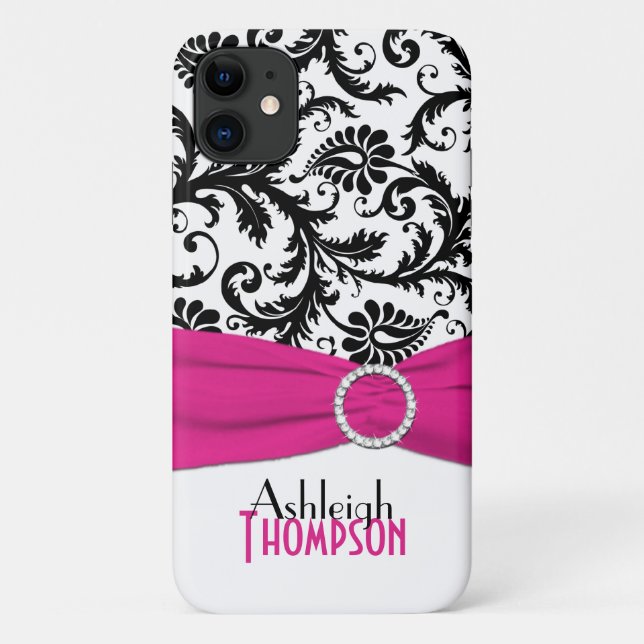 Personalised Pink, Black, White Floral Damask Case-Mate iPhone Case (Back)