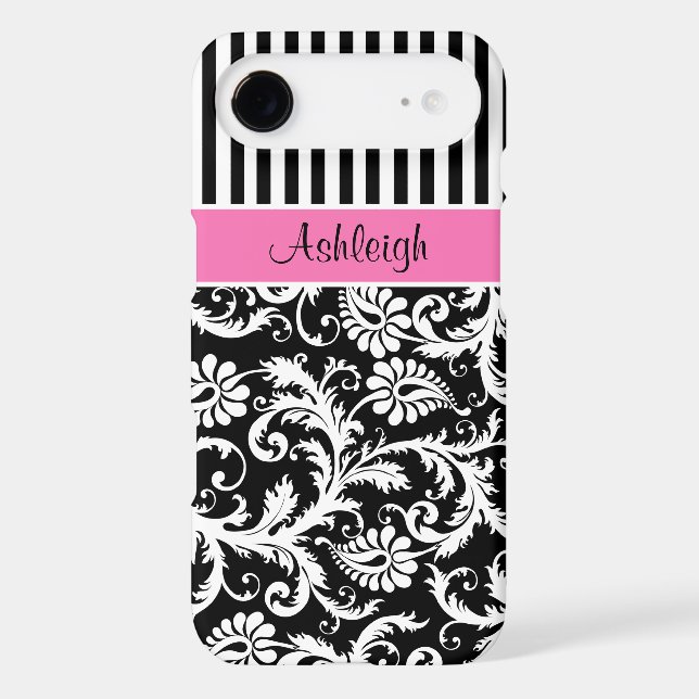 Personalised Pink, Black, White Striped Damask Case-Mate iPhone Case (Back)