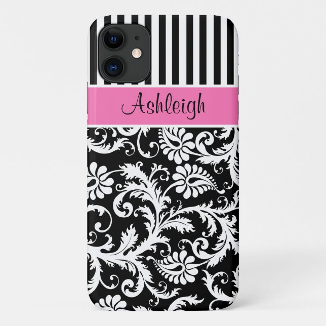 Personalised Pink, Black, White Striped Damask Case-Mate iPhone Case (Back)