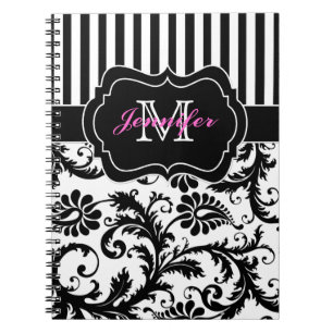 Personalised Pink Black White Striped Damask Notebook