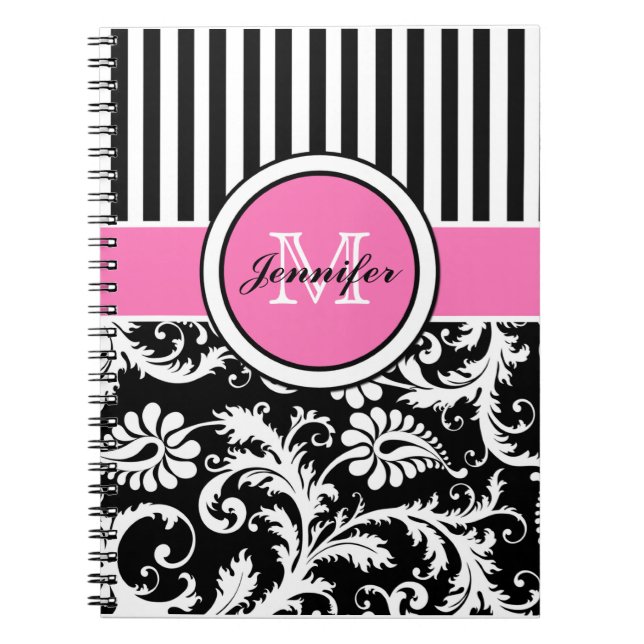Personalised Pink Black White Striped Damask Notebook (Front)