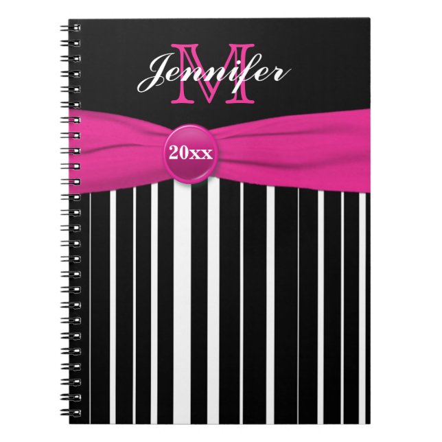 Personalised Pink Black White Striped Notebook (Front)