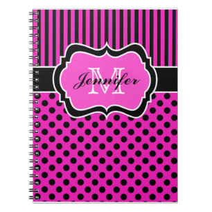 Personalised Pink Black White Striped Polka Dots Notebook