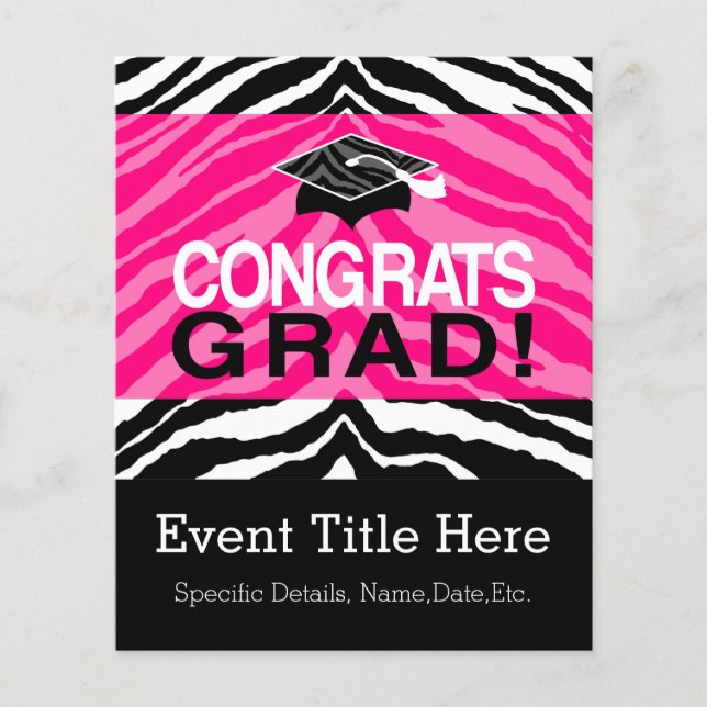 Personalised Pink Black Zebra Graduation Party Flyer (Front)