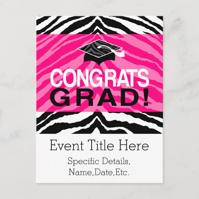 Personalised Pink Black Zebra Graduation Party Invitation Postcard (Front)