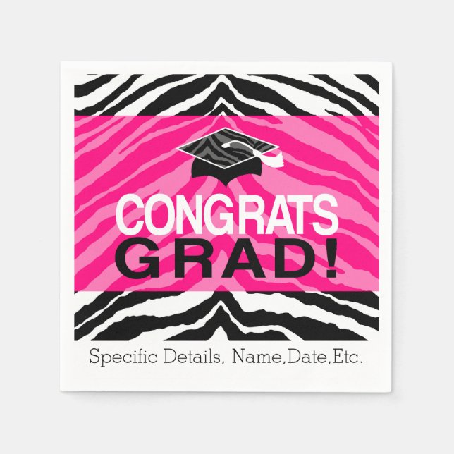 Personalised Pink Black Zebra Graduation Party Napkin (Front)