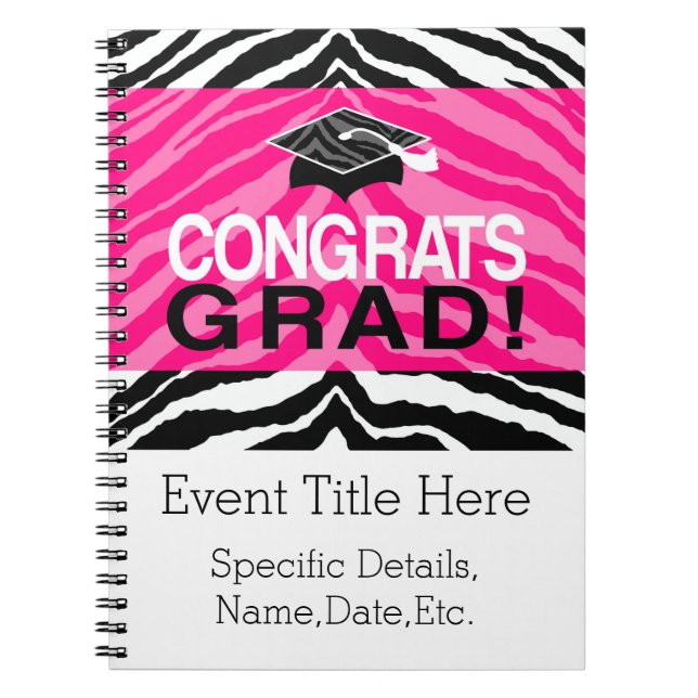 Personalised Pink Black Zebra Graduation Party Notebook (Front)