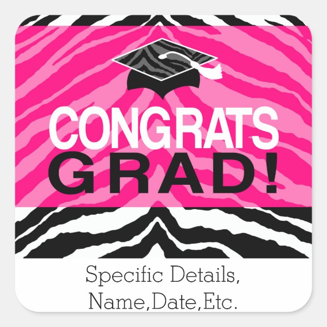 Personalised Pink Black Zebra Graduation Party Square Sticker (Front)