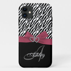 Personalised Pink, Black Zebra Stripes Monogram iPhone 11 Case