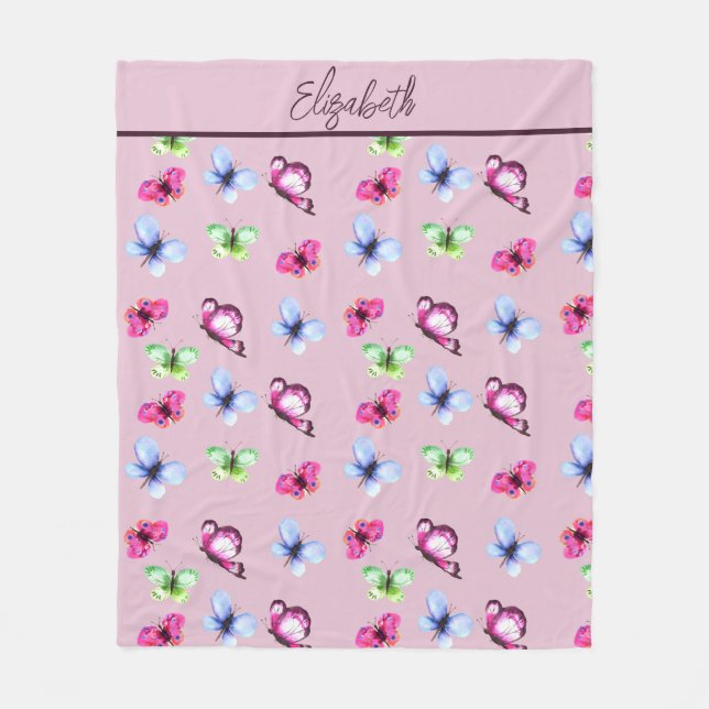 Personalised Pink Blue Green Magenta Butterfly Fleece Blanket (Front)