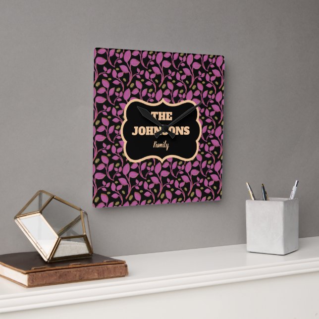  Personalised Pink Botanical Family name design  Square Wall Clock (Office)