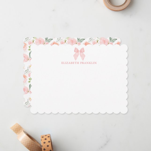 Personalised Pink Bow Floral Baby Stationery Card (Front/Back In Situ)