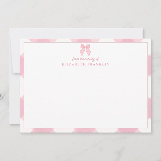 Personalised Pink Bow Gingham Baby Girl Stationery Thank You Card (Front)
