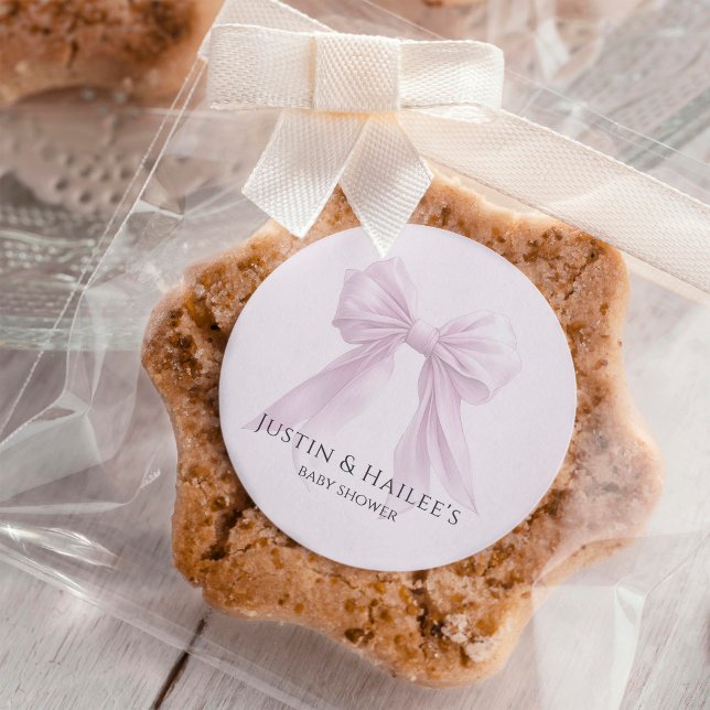 Personalised Pink Bow Girl Coquette Baby Shower Classic Round Sticker (Creator Uploaded)