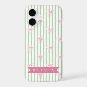 Personalised Pink Bow Green Stripe Coquette Preppy