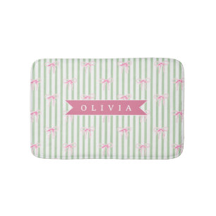 Personalised Pink Bow Green Stripe Coquette Preppy Bath Mat