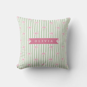 Personalised Pink Bow Green Stripe Coquette Preppy Cushion