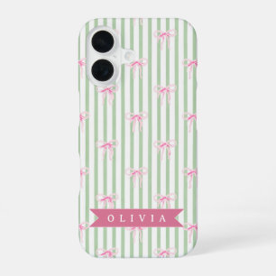 Personalised Pink Bow Green Stripe Coquette Preppy iPhone 16 Case