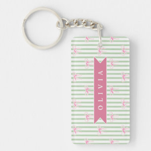 Personalised Pink Bow Green Stripe Coquette Preppy Key Ring