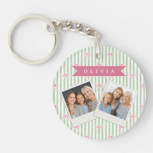 Personalised Pink Bow Green Stripe Coquette Preppy Key Ring