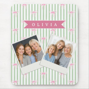 Personalised Pink Bow Green Stripe Coquette Preppy Mouse Pad