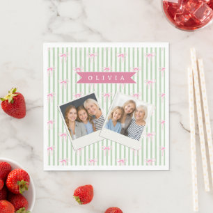Personalised Pink Bow Green Stripe Coquette Preppy Napkin