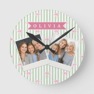 Personalised Pink Bow Green Stripe Coquette Preppy Round Clock