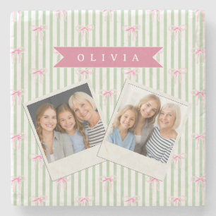 Personalised Pink Bow Green Stripe Coquette Preppy Stone Coaster