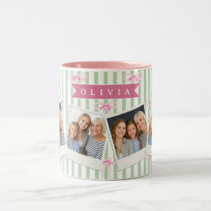 Personalised Pink Bow Green Stripe Coquette Preppy Two-Tone Coffee Mug