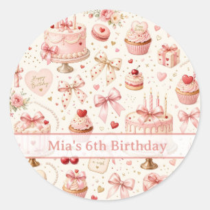 Personalised Pink Bow Happy Birthday Classic Round Sticker
